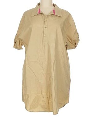 CARYN LAWN Jackie Dress OS Khaki Stripe Pink Trim Short Sleeve Pockets